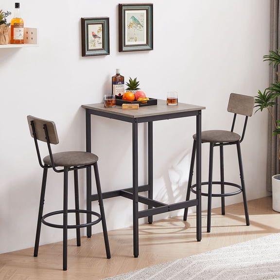 S-HOME Minimalist Bar Table with 2 Bar Stools in Rustic Grey, PU Upholstered Seat, Particleboard and Iron Frame for  Dining Room, Study or Home Bar Areas