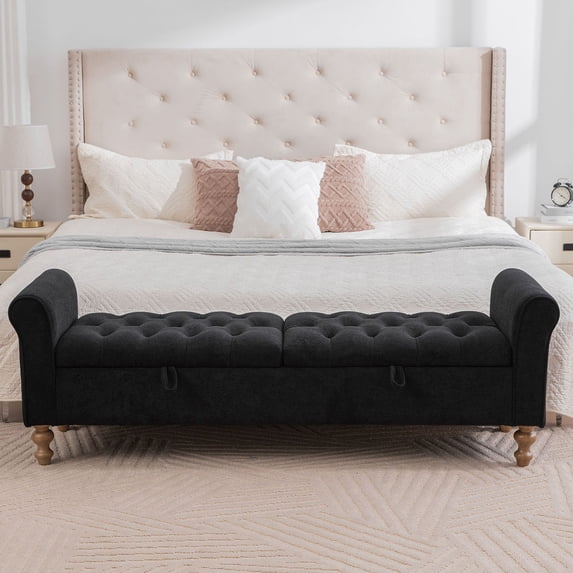 S-HOME Minimalist Large Storage Bench With Rolled Armrest In Napped Fabric 65.75", Versatile Daybed With Rubberwood Legs, For Bedroom And Dormitory, Black