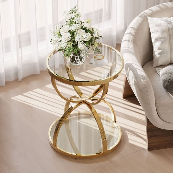 S-HOME Modern 19.69 Inch Glass Side Table with Dual Tiers Tempered Glass and Metal Ring Frames Design, Bedside Accent Table, Gold