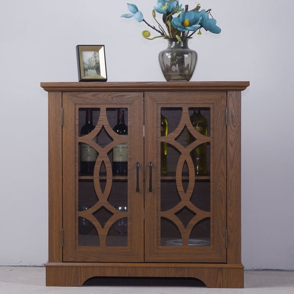 S-HOME Modern 2 Door Storage Cabinet 34.37" X 15.55" X 34.06" MDF With Tempered Glass Doors For Dining Room, Dark Oak