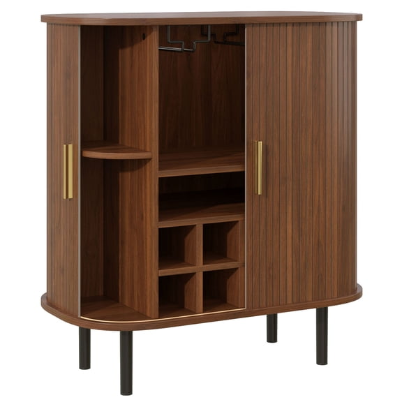 S-HOME Modern 28 Inch Fluted Wine Bar Cabinet with 8-Grid Wine Rack and Adjustable Shelves, Sliding Doors 4 Hidden Storage Space on the Side for Home Storage, Walnut