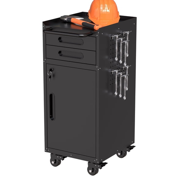 S-HOME Modern 34.3" Space-Saving Slim Rolling Tool Cabinet in Black with 2 Drawers and Lockable Door for Garage Storage Solutions