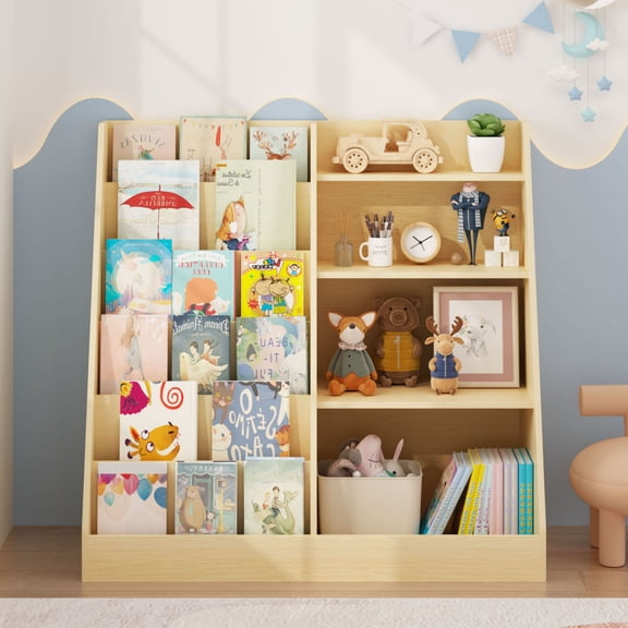 S-HOME Modern 4 Tier Kids Wooden Bookshelf and Toy Storage Unit in Natural Finish for Organizing Books and Toys in Playrooms