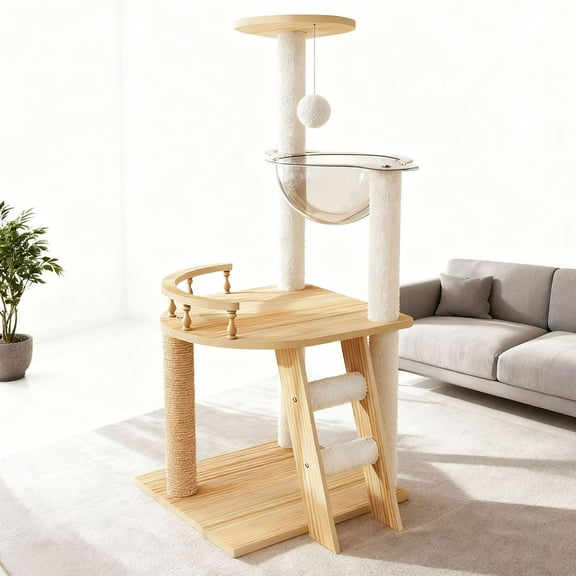 S-HOME Modern 41.3 Inch Cat Tower in Natural and White, Wooden Cat Tree with Scratching Posts and Hammock for Indoor Cats of All Sizes