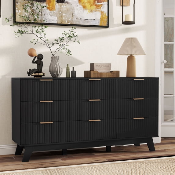 S-HOME Modern 57 Inch Dresser in Natural Oak Finish with 9 Drawers and Metal Handles Perfect Storage Organizer