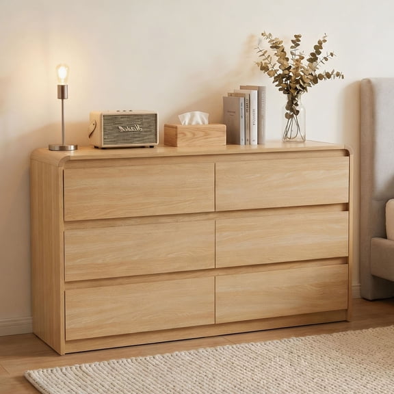 S-HOME Modern 6 Drawer Dresser in Wood with Spacious Countertop and Concealed Handles,Rounded Corner Design for Bedroom or Living Room Storage Solutions