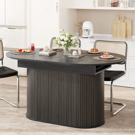 S-HOME Modern Arc-Shaped Extendable Dining Table in Three Colors, 55.11-70.86 Inch MDF Material with Striped Legs Seating 4-6 People for Home Use , Black