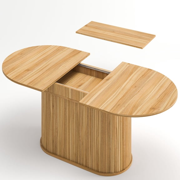 S-HOME Modern Arc-Shaped Extendable Dining Table in Three Colors, 55.11-70.86 Inch MDF Material with Striped Legs Seating 4-6 People for Home Use , Natural