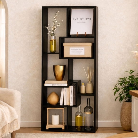 S-HOME Modern Asymmetrical Display Shelf In Synthetic Wood 5-Tier Vertical Bookcase For Compact Spaces, Black
