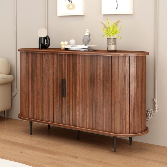 S-HOME Modern Boho Fluted Accent Cabinet in Walnut, 47 Inch Sideboard with Curvy Edge and Sliding Doors, for Living Room And Dining Area