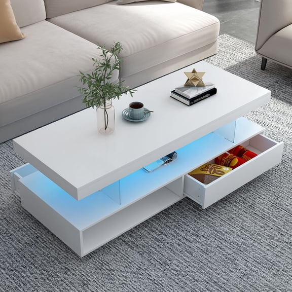 S-HOME Modern Coffee Table With Storage And LED Lights2 Drawers, High-Gloss Finish 51.2 Inch Center Table For Living Room, White