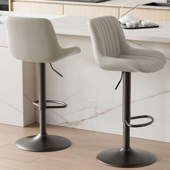 S-HOME Modern Design Adjustable Height Bar Stools Set of 2 Light Gray Fabric Seats Featuring 360 Degree Swivel for Kitchen Counter Use