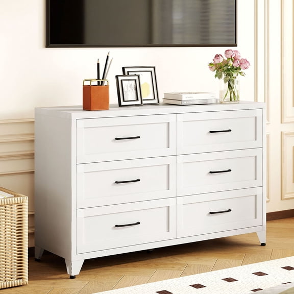 S-HOME Modern Eco-Friendly White Steel 6 Drawer Dresser with Waterproof Finish Glide Drawers - Storage Solution for Small Spaces and Bedrooms
