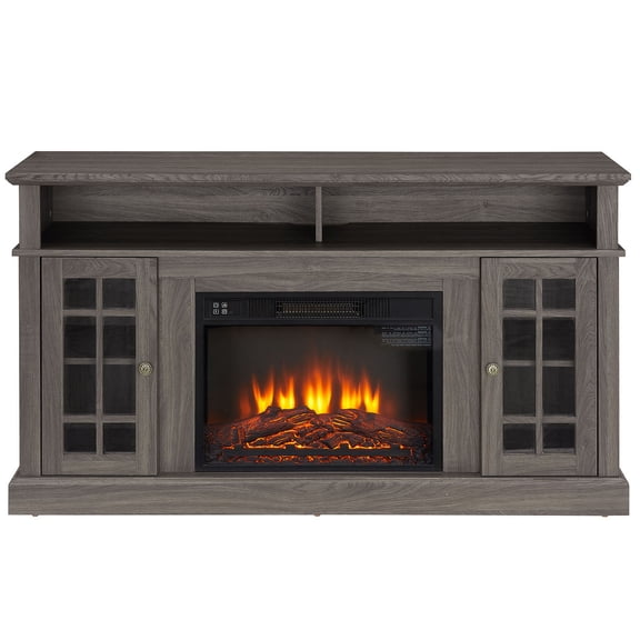 S-HOME Modern Entertainment Console With Realistic Fireplace Insert In Dark Walnut And Black For TVs Up To 65 Inches