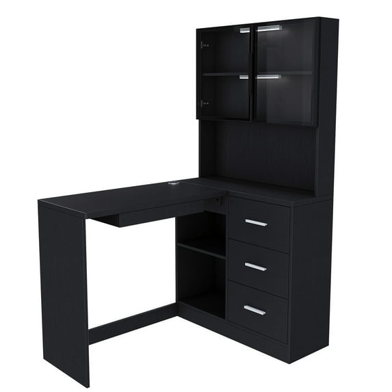 S-HOME Modern Ergonomic L-Shaped Computer Desk Featuring MDF Construction, Keyboard Tray And LED Lighting ,USB Charging Ports, Black