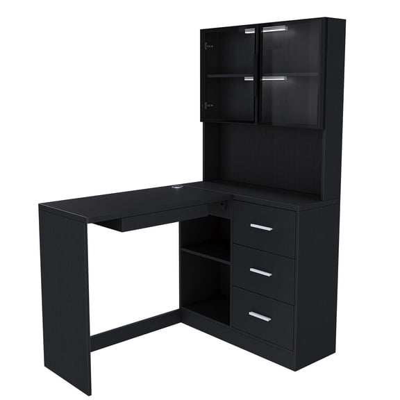 S-HOME Modern Ergonomic L-Shaped Computer Desk Featuring MDF Construction, Keyboard Tray And LED Lighting ,USB Charging Ports, Black