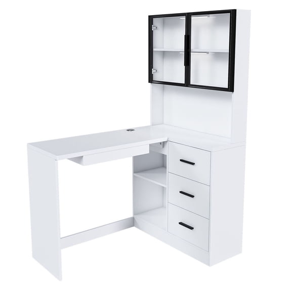 S-HOME Modern Ergonomic L-Shaped Computer Desk Featuring MDF Construction, Keyboard Tray And LED Lighting ,USB Charging Ports, White