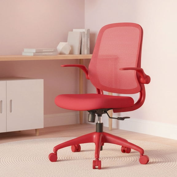 S-HOME Modern Ergonomic Mesh Back Office Chair With Fireproof Nylon Fabric, Rotating Design And Gas Lift For Support, Adjustable Height And Flip-Up Armrests For Home Offices, Red
