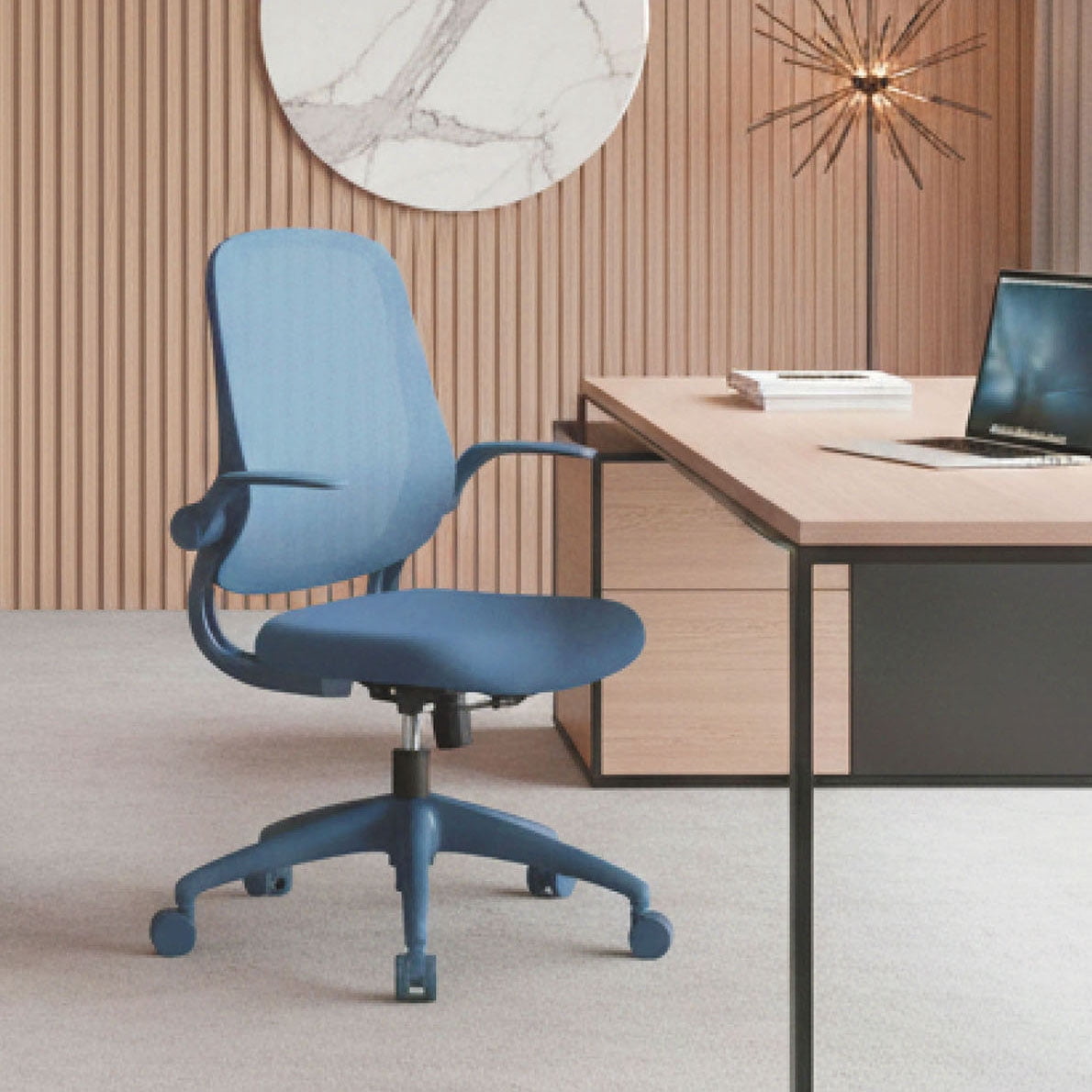 S-HOME Modern Ergonomic Mesh Back Office Chair With Fireproof Nylon Fabric, Rotating Design And Gas Lift For Support, Adjustable Height And Flip-Up Armrests  For Home Offices, Blue