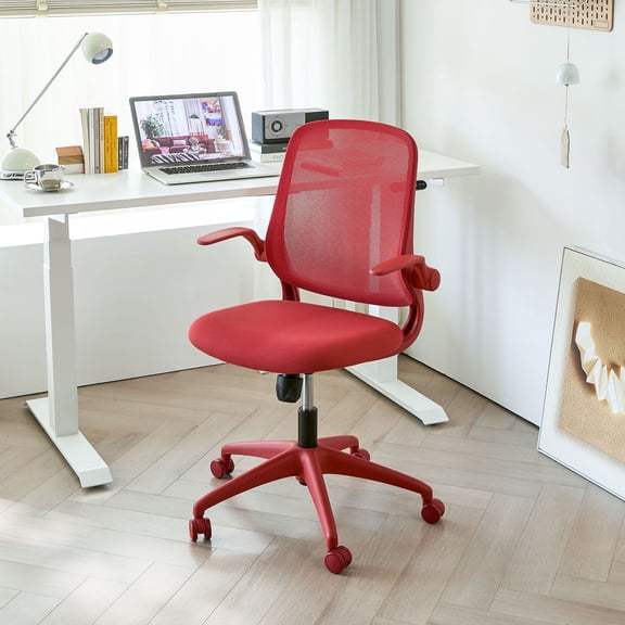S-HOME Modern Ergonomic Mesh Back Office Chair With Fireproof Nylon Fabric, Rotating Design And Gas Lift For Support, Adjustable Height And Flip-Up Armrests For Home Offices, Red