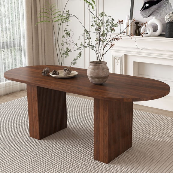 S-HOME Modern Farmhouse 62.9 Inch Oval Dining Table in Walnut with Scratch-Resistant MDF Top, for Family Meals