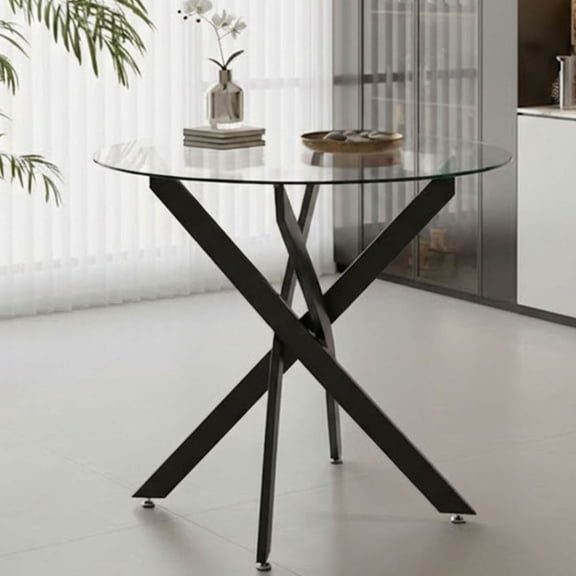 S-HOME Modern Glass Dining Table 35.5 Inch Round with Metal Legs for Small Spaces and Dining Rooms, Black