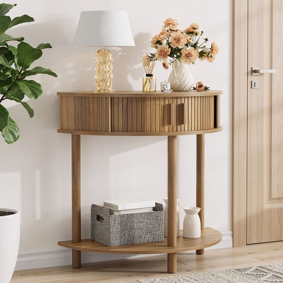 S-HOME Modern Half-Moon Console Table in Walnut Finish, 31.5 Inch Entryway Table with Storage Compartments for Living Room and Hallway