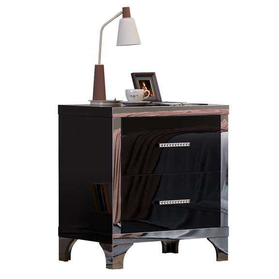S-HOME Modern High Gloss Nightstand with Dual Drawers, Stylish Mirrored End Table for Bedroom & Dorm Rooms, Metal Handle, Black