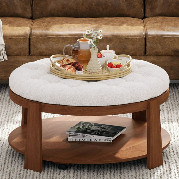 S-HOME Modern Large Round Ottoman Coffee Table Two-Tier Waterproof Linen Upholstery with Wood Shelf Storage and Wheels, Ivory White