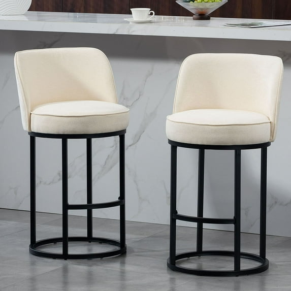 S-HOME Modern Linen Fabric Counter Height Bar Stools Set of 2 with Backrest and Footrest for Dining Experience, Beige