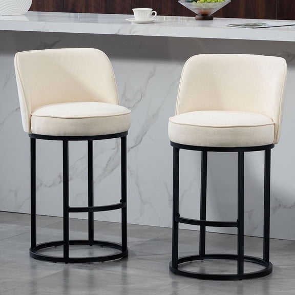 S-HOME Modern Linen Fabric Counter Height Bar Stools Set of 2 with Backrest and Footrest for Dining Experience, Beige