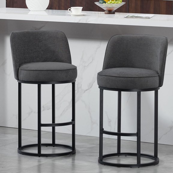S-HOME Modern Linen Fabric Counter Height Bar Stools Set of 2 with Backrest and Footrest for Dining Experience, Gray