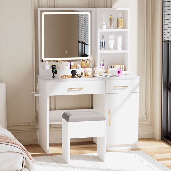 S-HOME Modern Makeup Vanity Set in White with Adjustable Lighting, Smart Storage Solutions, Power Outlet and Stool For Your Bedroom Setup