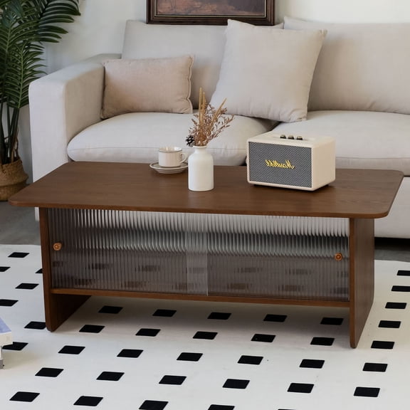 S-HOME Modern Minimalist Coffee Table With Glass Sliding Doors, MDF, 47 Inch, Living Room Furniture Solution, Brown