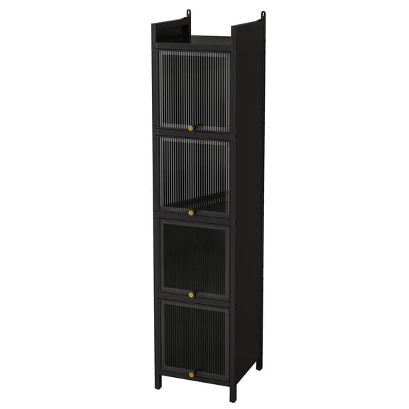 S-HOME Modern Multi-Tier Glass Door Cabinet in Black Finish, 60 Inches Tall Storage Unit for Any Room Decor, 4-tier