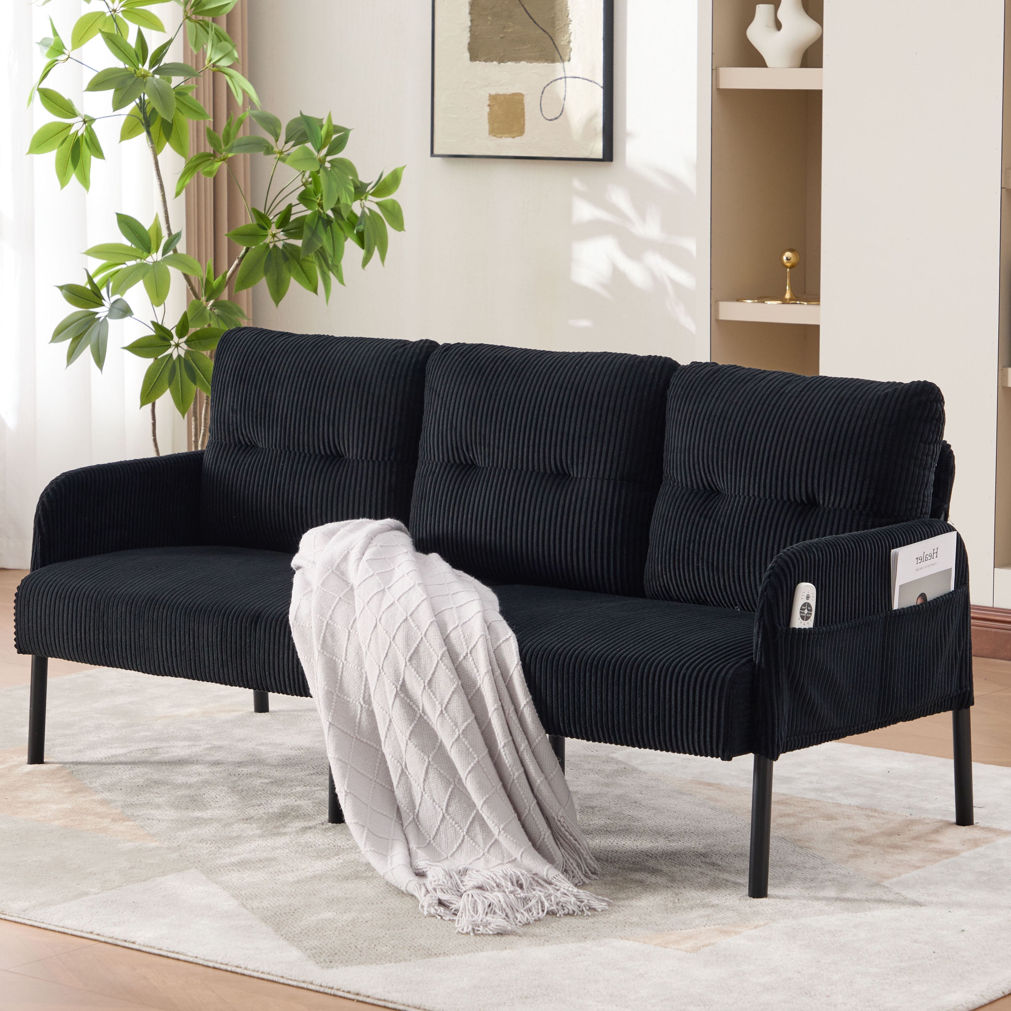 S-HOME Modern Plush Corduroy Upholstered Loveseat with Dual Side Pockets and Metal Legs, Sofa for Apartment, Black
