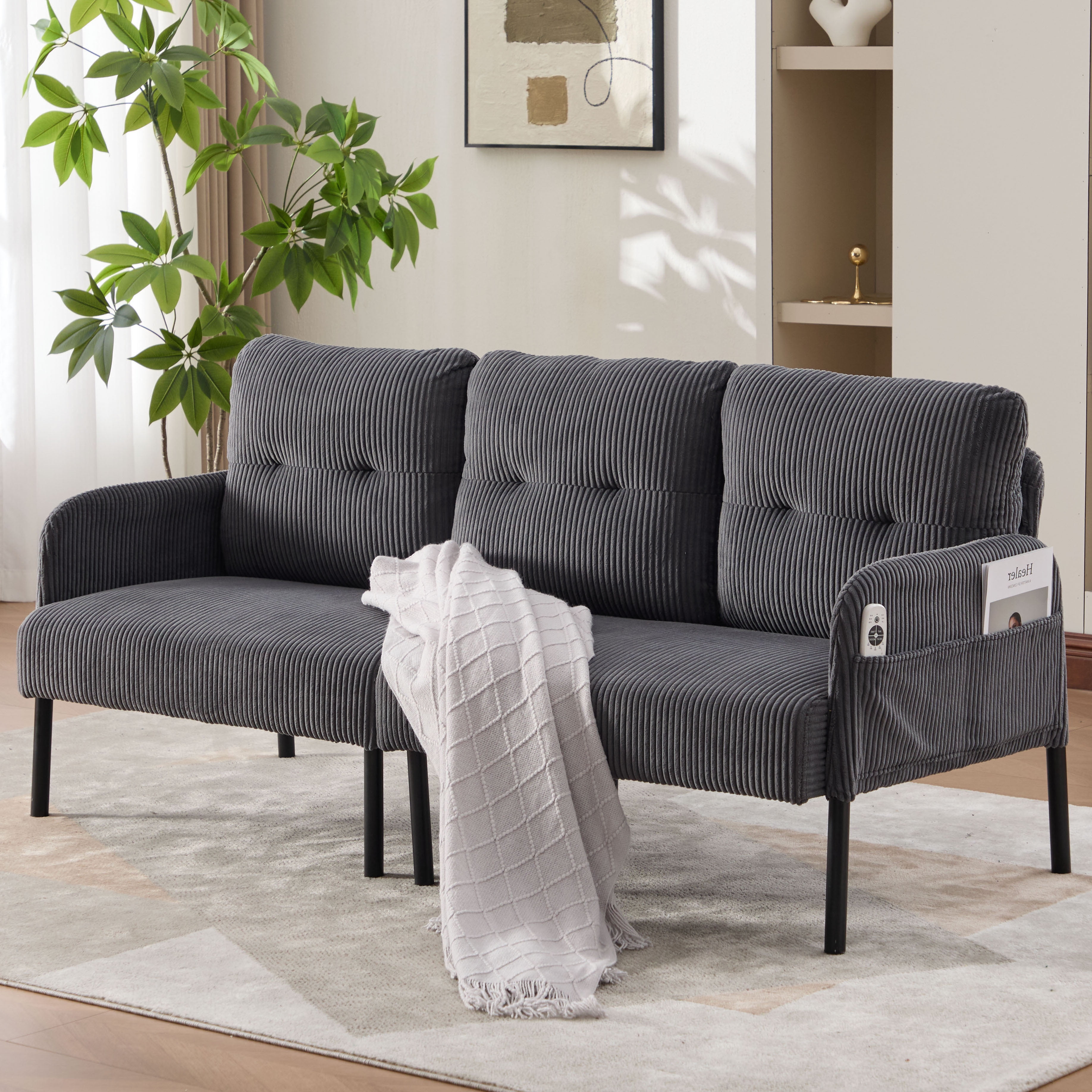 S-HOME Modern Plush Corduroy Upholstered Loveseat with Dual Side Pockets and Metal Legs, Sofa for Apartment, Carbon Gray