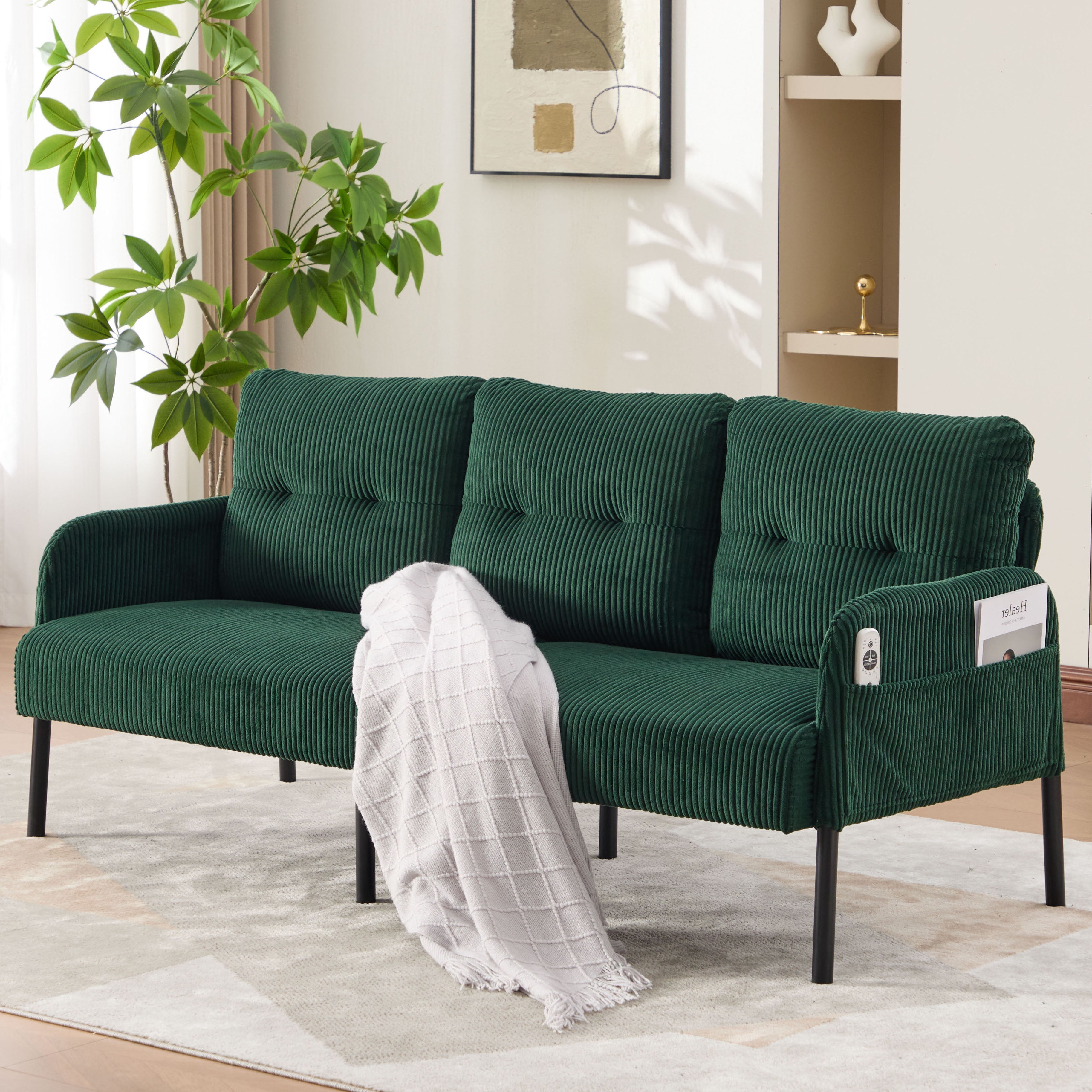 S-HOME Modern Plush Corduroy Upholstered Loveseat with Dual Side Pockets and Metal Legs, Sofa for Apartment, Emerald