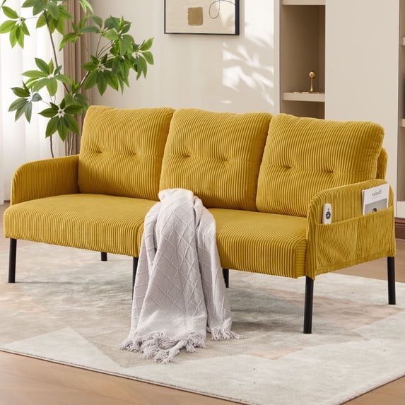 S-HOME Modern Plush Corduroy Upholstered Loveseat with Dual Side Pockets and Metal Legs, Sofa for Apartment, Mustard yellow