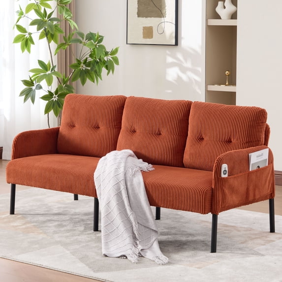 S-HOME Modern Plush Corduroy Upholstered Loveseat with Dual Side Pockets and Metal Legs, Sofa for Apartment, Orange