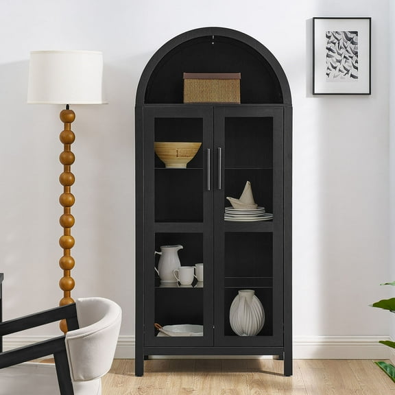 S-HOME Modern Retro High Arched Storage Cabinet With Lamp, Adjustable Glass Partitions, Multi-Functional Kitchen And Living Room Organizer, Black