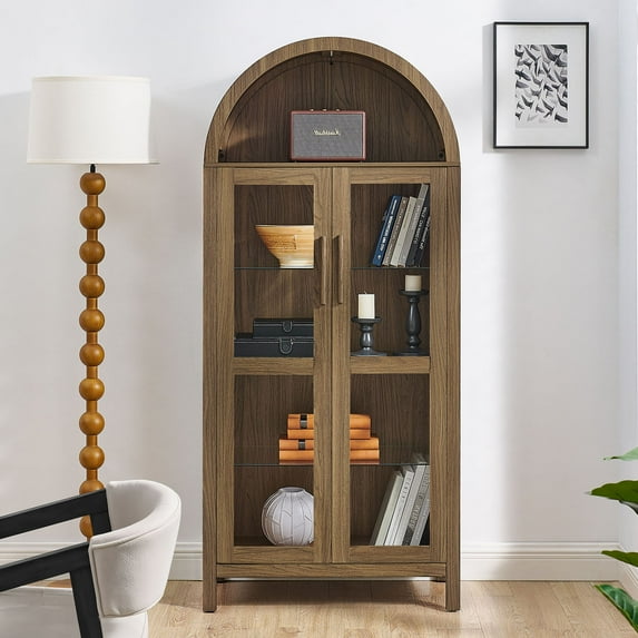 S-HOME Modern Retro High Arched Storage Cabinet With Lamp, Adjustable Glass Partitions, Multi-Functional Kitchen And Living Room Organizer, Brown