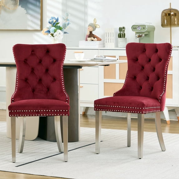 S-HOME Modern Solid Wood Dining Chairs with Chrome Plating Legs Set of 2 Featuring Velvet Upholstery ,
WINE RED