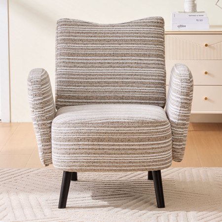 S-HOME Modern Style Armchair in Boucle Fabric with Side Storage Pocket and Solid Wood Legs for Living Room Office Reading Chair, khaki
