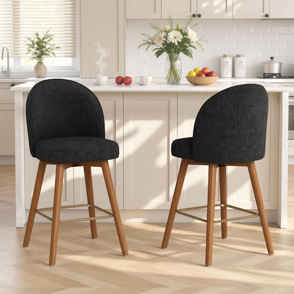 S-HOME Modern Swivel Bar Stools Set of 2, 26" Upholstered Counter Height Chair with Back, Solid Wood Legs & Footrest, Chenille