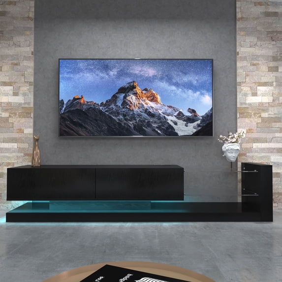 S-HOME Modern TV Console with LED Lights Fits 50 60 70 Inch TVs, Particle Board and Tempered Glass Stand, Entertainment Center with Storage Space, Black
