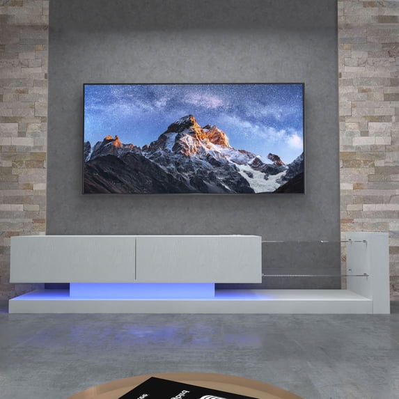 S-HOME Modern TV Console with LED Lights Fits 50 60 70 Inch TVs, Particle Board and Tempered Glass Stand, Entertainment Center with Storage Space, White