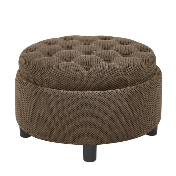 S-HOME Modern Tufted Fabric 25 Inch Round Storage Ottoman Coffee Table with Tray, Multifunctional Design for Living Room or Bedroom Use, Coffee