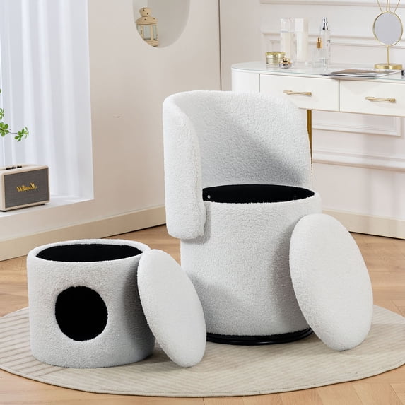 S-HOME Modern Upholstered Barrel Chair, Versatile Swivel Accent Seat with Free Cat Bed Stool Included for Daily Use and Storage, Beige-Fabric,Teddy