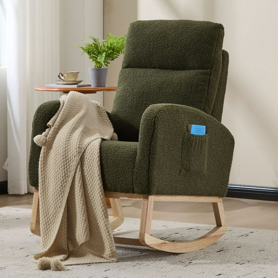 S-HOME Modern Upholstered Rocking Chair with Solid Wood Legs, High Backrest & Side Pocket - 300 lbs Capacity